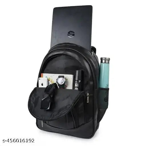 Size: M (15-30L) Zerus Black PU Leather Laptop Backpack for Office School College | Unisex 15.6" Stylish Business Bag for Men & Women