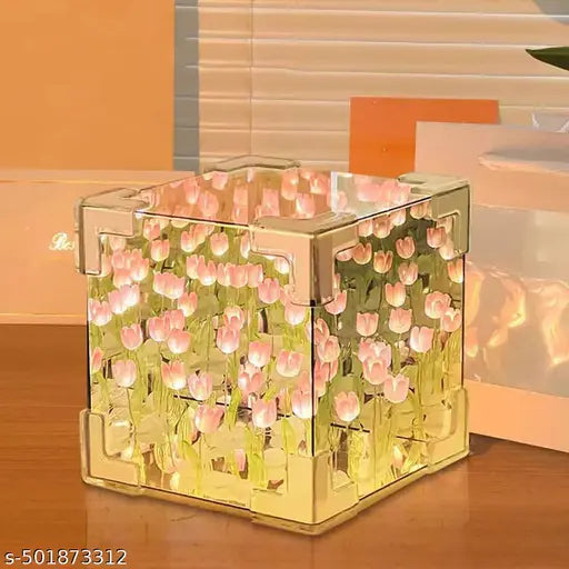 Wishpitara Tulip Cube Mirror Lamp, 20 Flowers LED Decorative Lamp, 2 in 1 Mirror & Table Ornaments for Bedroom Livingroom Desktop Decor Birthday Gift
