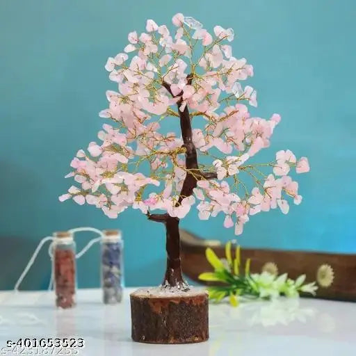 Rose Quartz Crystal Bonsai Money Tree Natural Gemstone Feng Shui Home Office Decor Good Luck Wealth Prosperity Reiki Healing Positive Energy Spiritual Gift (Size 10-12 Inches, Golden Wire) Decorative Showpiece - 30 cm  (Stone, Crystal, Stone, Pink, Gold)