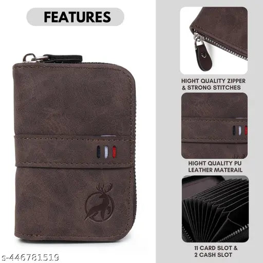 PU Leather 9-Slot with 2 Cash Compartments and Zipper Closure Credit/Debit/ATM Card Holder for Men & Women (Coffee)