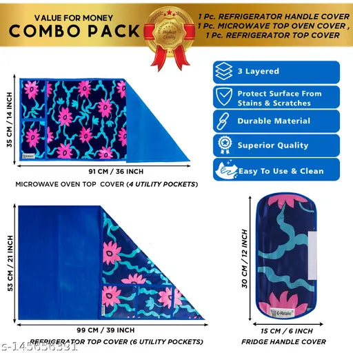 E-Retailer Exclusive 3-Layered Polyester Combo Set of Appliances Cover (1 Pc. of Fridge Top Cover, 1 Pc Handle Cover and 1 Pc. of Microwave Oven Top Cover) (Color-Blue, Design-Floral, Set Contains-3 Pcs.)