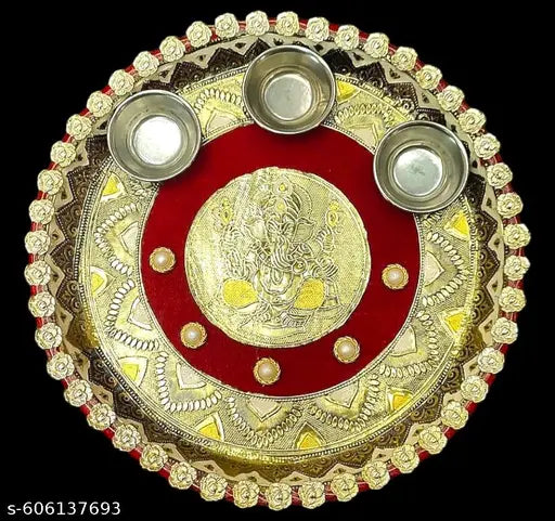 Decorative Handicraft Pooja Thali with Ganeshji Design | Traditional Puja Plate with Bowls for Festival, Diwali, Wedding | Decorative Puja Aarti Thali / kanku chockha plate/ kumkum plate