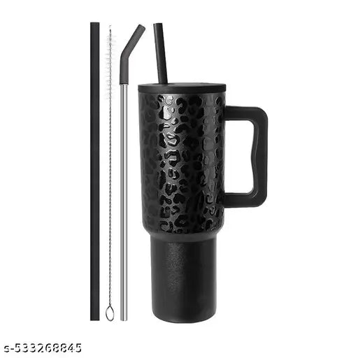 Tumbler with lid and Straw 1200ML Cup Stainless Steel Vacuum Insulated Tumbler for Water, Iced Tea or Coffee 1.2L Office Gym Travelling (40-Oz-Leapard Black)