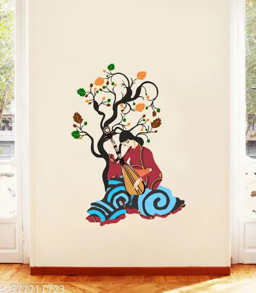 decorative beautiful girl playing sitar under the tree wall sticker  (pvc vinyl covering area 64X91 cm)