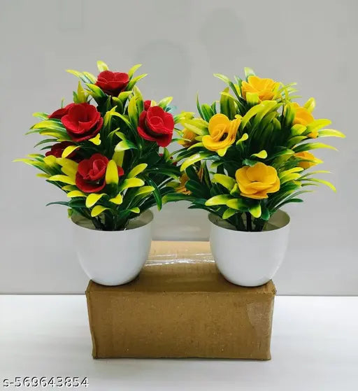 A4U Stylish Wild Natural Looking Perfect Home Decoration Office Deco Temple Deco Indoor Deco Flowers  Multi Color Wild Flower Artificial Flower with Pot (14 cm, Pack of 4, Flower with Basket )