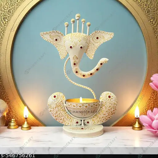 Handcrafted Ganesha T-Light Holder in Pearl Elegance Finish | Premium Home Temple Decor | 11 Inch