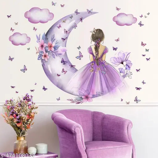 Advait Design decorative cute girl on moon with butterfies wall stickers for living room, children room, nursery, playgroup