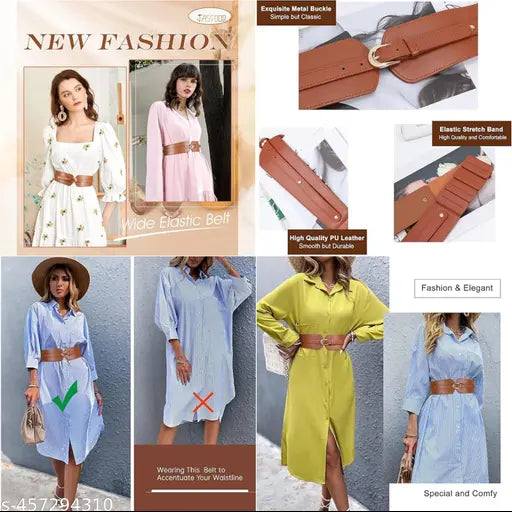 Women's Fashion PU Width Belt, Ladies Metal Buckle Design Belt Interlocking Buckle Vintage Blouse Blazer Dress Belt Stretch Cinch Belt for Women (Brown,26-31 inches)