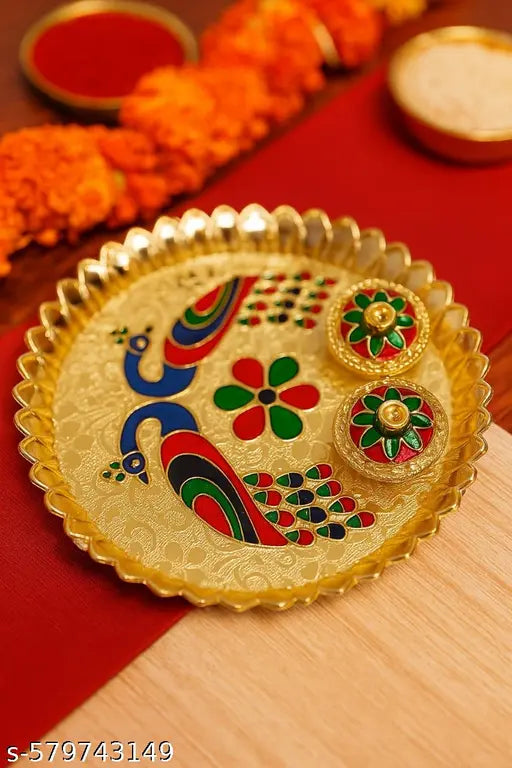 HOMETIC DECOR Pooja Thali Set  Peacock Printed  Handcrafted Meenakari Decorative Gold Plated Multicolor Puja Thali with Haldi  Kumkum Chandan Holders Ideal for Rakhi, Diwali,Home Mandir, Wedding Return Gift  Rakhi Gift for Bhabhi Festivals & Daily Prayer