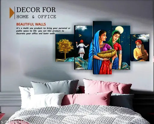 Set Of 5 Rajasthani Traditional Wall Painting With Frame For Home Decoration , Living Room Office , Hotel (76 X 45 CM ) Multicolor , Theme : Religious