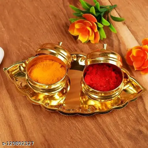 Golden Brass Haldi Kumkum Box With Plate