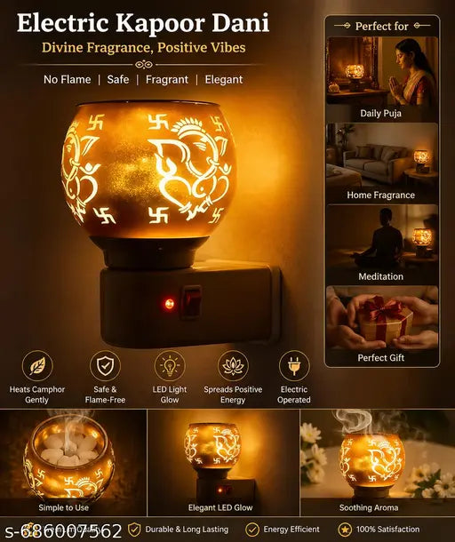 Electric Kapoor Dani with LED Light – Premium Camphor Diffuser for Puja, Mandir & Home
