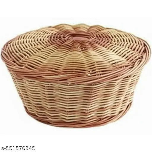 "Natural Wicker Roti Basket 10 Inch with Lid - Traditional Indian Chapati Warmer, Handwoven Bread Serving Bowl, Eco-friendly Kitchenware"