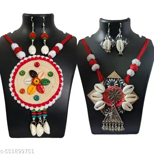 Handcrafted Tribal Shell Necklace Set with Earrings, Red Thread, Multicolour Beads and Metal Pendant (Pack of 2).