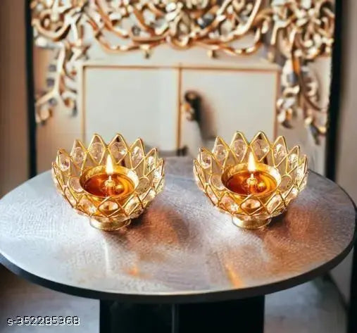 Brass Gallery Brass Small Bowl Crystal Diya Round Shape Kamal Deep Akhand Jyoti Oil Lamp for Home Temple Puja Decor Gifts (Size 5cm Heigth, Small)(Pack of 2)