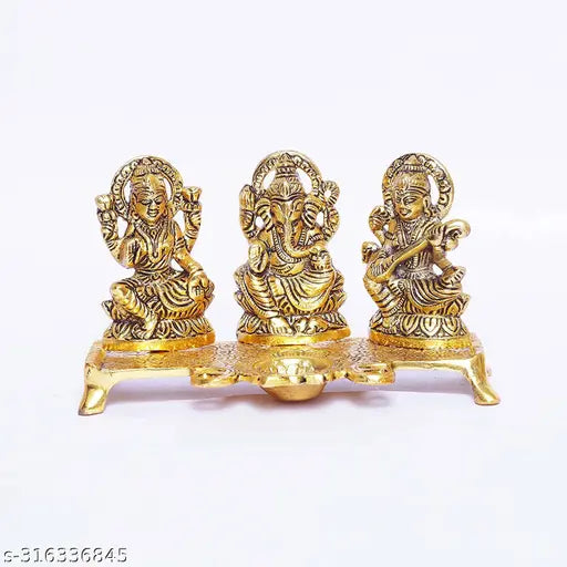 Laxmi Ganesh Sarawati Choki with 1 Diya set For Vastu,Home,Temple, Office, Gifting and Purpose Luck and Happiness Metal Size L-B-H-18x10x10 cm