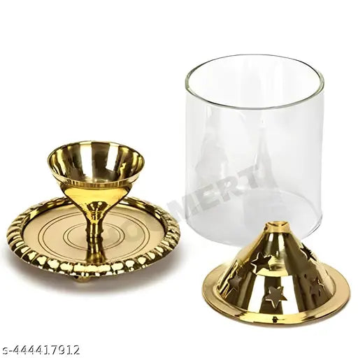 Hoomert Brass Akhand Diya Oil Lamp With Glass Cover ( Pack Of 2 )