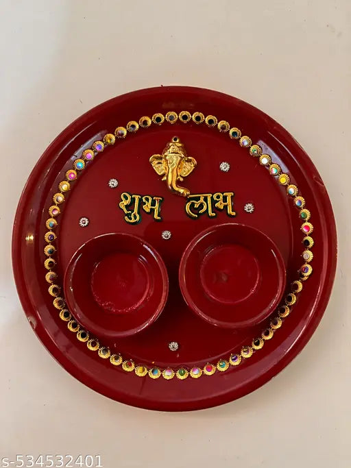 Size 6 Inch Subh Labh Pooja Small Thali For Rakhi Puja Thali Decorative Stainless Steel Hand Paint Ganesha Pooja Aarti Thali Set with Haldi Kumkum Holder or Rolli Chawal Plate Rakshabandhan Festival Pooja Thali  With Free One Rudraksh Rakhi Small Pooja Th