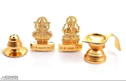 Sanskaari | Diwali Combo Set Metal Pooja Thali Set with Incense Holder and Laxmi and Ganesha Idol for Diwali Pooja | Diwali puja Items. Color - Golden