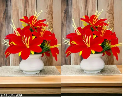 set of 2 Lily Flower For Decoration Table Office table Bonsai Wild Artificial Plant with Pot (18 cm) Lily Flower For Decoration Bonsai Wild Artificial Plant with Pot