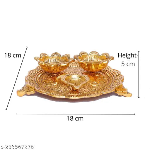 Pooja Thali Set With 3 Diya Metal Item Beautiful Item For Home/Kitchen/Office/Gift Item Brass  (1 Pieces, Gold)