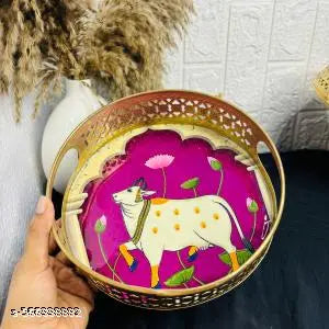 Round Tray (Set of 1) Cow Purple Pichwai Tray (Size = 6) | Best for Home Decor, Wedding Gift, Diwali Gift and Multiuse | High Glossy Raisen Work Trays Featuring