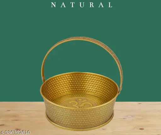 Handle design. Round  metal puja basket with handle high quality metal gold finishes flower basket for puja Diwali Navratri festivals brass & metal handicrafts