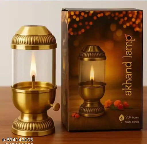Brass Akhand Diya Oil Lamp Lantern with Borosilicate Glass Cover & Adjustable Bati Knob, Wick Lifting Screw Lever, Wick Included for Diwali Puja, Navratri, Janmastami For Deewali Gift Brass Diya For Puja