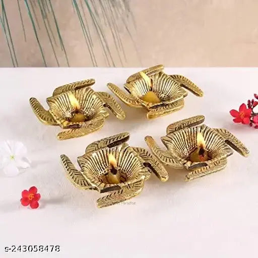 Diya in Metal Swastik Shape Antique Golden Finish (Design-8), Set of 4 Pc