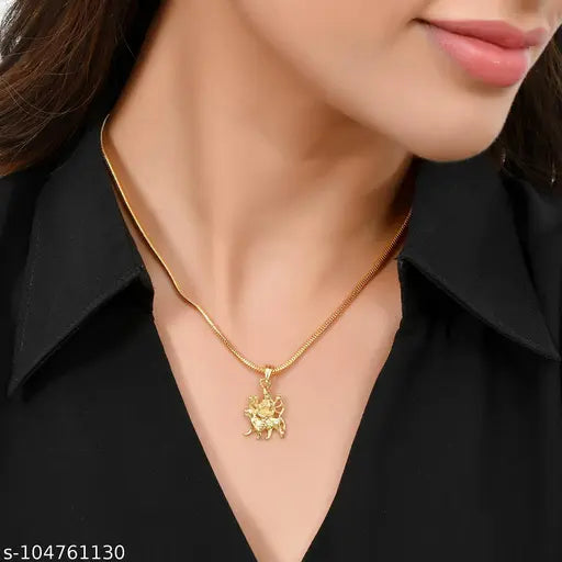 Combo of 4 Pendant Locket with 1 Gold Plated Chain - (Durga Mata, Radha krishna Fluet, Ganpati ji, Om Shiv Locket) For Girls Women Boys Men
