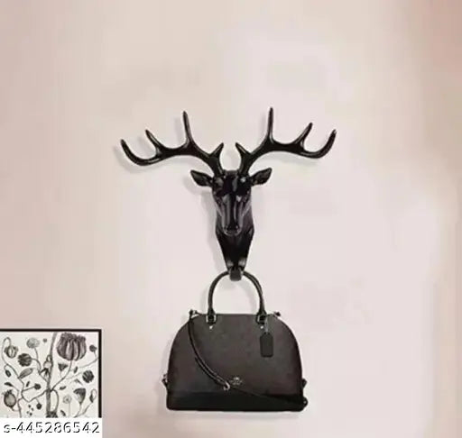 Deer Head Hanging Hook, Self-Adhesive Wall Door Hook Hanger Bag Keys Sticky Holder(Black), Plastic, Pack of 1