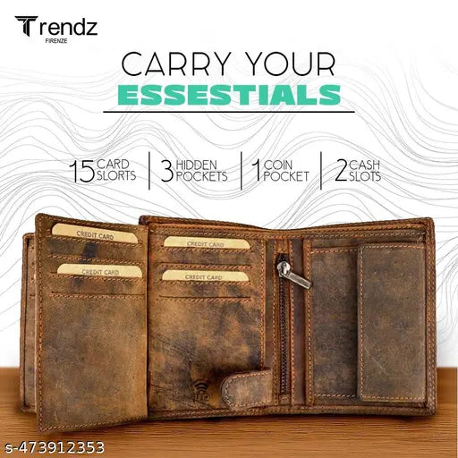 Trendz Firenze Vertical RFID Blocking Genuine Leather Wallet for Men Tall Brown Bifold Wallet with Coin Pocket Zipper ID Window & 9 Card Slots Slim Vintage Gents Wallet for Travel & Daily Use