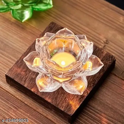 CROCKERY MALL Premium Glass Lotus Flower Tea Light Candle Holder  Exquisite Crystal Diya for Diwali  Perfect and Creative Decoration in Dipawali, Christmas, Eid, Wedding Party  Best Gift Pack of 1 pcs