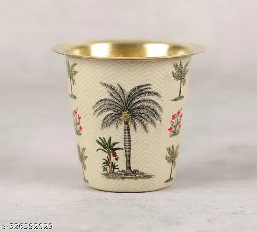 I M HANDICRAFT PRESENTED Brass Coffee Dabara Mirroring Coconut Tree printed Pure Brass South Indian Filter Coffee Set | Enamel Meena Printed Tumbler & Dabara Set | Traditional Brass Coffee Cup with Luxurious Gold Finish (Set of 1 Tumbler, 1 Dabara)