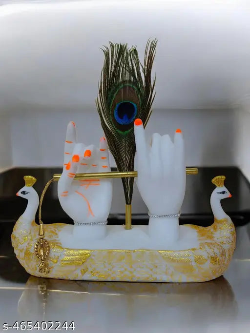 Krishna Hand with Flute & Peacock Feather Idol for Home Decor Gift Krishna Statue Made of Resin For Office and Home Showcase Home Living Room Diwali Decoration| Pankh Krishna Showpiece with Flute Standing Krishna Statue Lord Krishna Figurine, Murlidhar, K