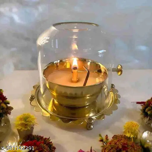 Mizli Brass Akhand Jyot Diya (LARGE SIZE) with Adjustable Wick | Oil Lamp with Borosilicate Glass Chimney | Ideal for Hindu Pooja, Temple, Festival & Gift Item
