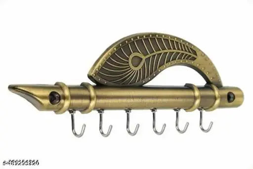 Key Stand Key Holder Lord Krishna's Flute & Peacock Quills Key Stand Key Holder for Home & Office Antique Brass