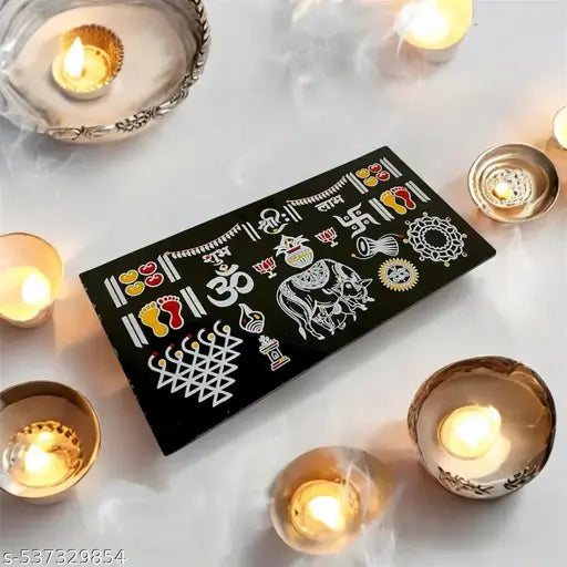 Shreekrushna Creations Art Handcrafted Granite Rangoli 12 X 6 featuring Om, Swastika, Kamadhenu cow, Sun, Moon, Saraswati and more symbol Traditional & Vibrant used for Home Décor, Pooja Mandir, door entrance, Festive season, Diwali water resistant and ea