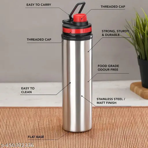 PIQUANT KITCHENWARE Eco Sipper Stainless Steel Single Wall Water Bottle with Screw Cap/Fridge Refrigerator Bottle/ 100% Leak Proof/Office Bottle/School Bottle, 900ml Pack of 2