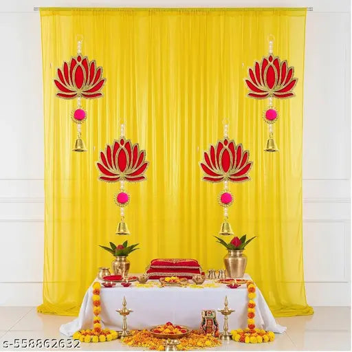 Lotus Pooja Backdrop Decoration Kit with Yellow Curtain & Pom Pom Bell Hangings | Traditional Festival & Mandir Decor Set