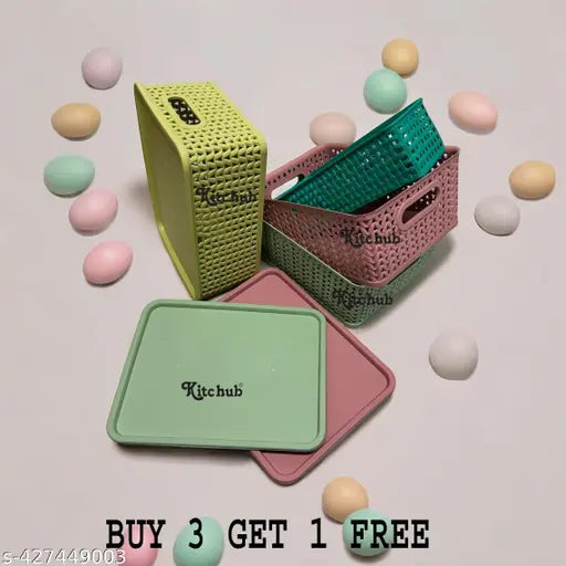 Unbreakable 4 Pieces Plastic Multipurpose Small Size Flexible Storage Baskets/Fruit Vegetable Bathroom Stationary Home Basket with Handles,Multi 0064