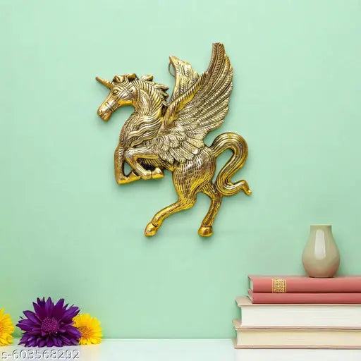 Flying Horse Wall Hanging Statue – Luck, Wealth & Bright Future | Home & Office Decorative Showpiece - 18 cm  (Metal, Gold)
