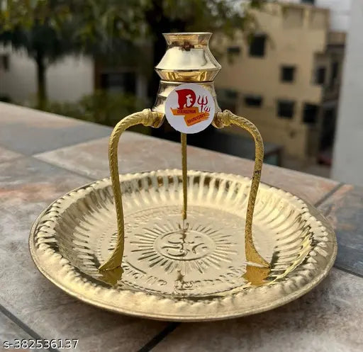 DARIDRA BHANJAN Brass Pooja Plate Thali with Shivling Stand and Abhishek Lota Kalash (Gold , Small) | Shivling Stand | Brass tripai-lota abhishek for shivling and shivji for milk and water abhishek in 100% brass,three stand with loti | Brass Lota for Puja