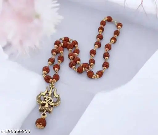 Golden Plated Rudraksha Mala with Trishul Pendant | Lord Shiva Cap Rudraksha Necklace for Men & Boys | Spiritual & Traditional Mala