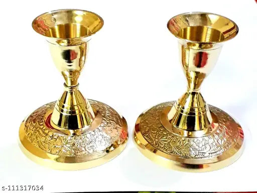 Brass Candle Stand with Embossed Base Design (Standard Size, Golden)