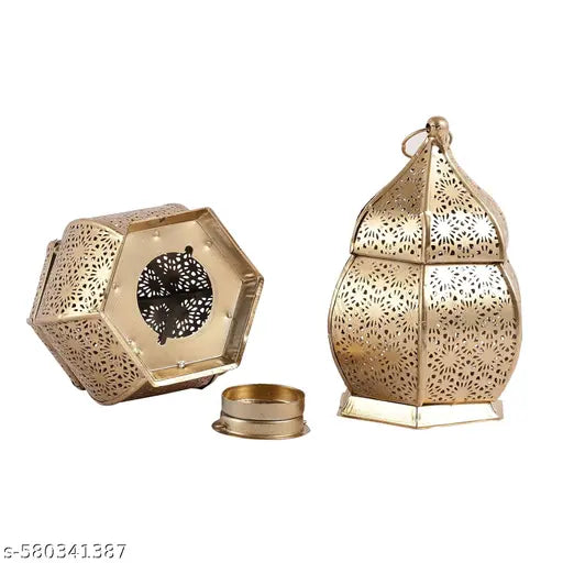 DECO CRAFTS - ( PACK OF 2 ) Floral cutwork Elegant golden metal lantern for festive décor, home accents and Gifiting purpose !!! SHOP NOW !!!