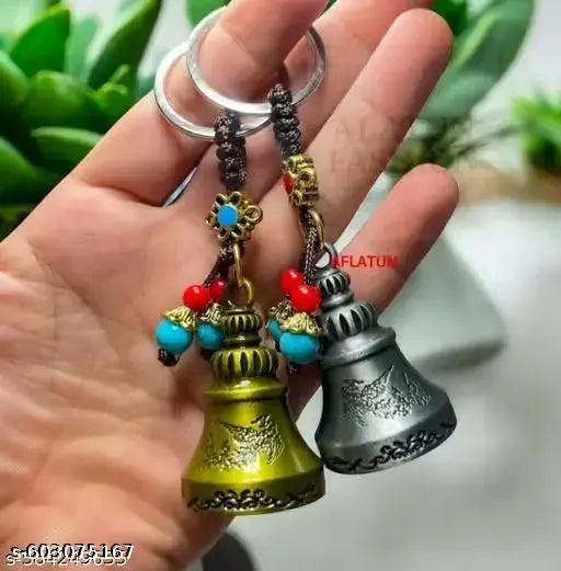 Antique Metal Bell Keychain Combo (Set of 2) | Car, Bike & Home Decorative Hanging Pendant | Feng Shui Lucky Charm
