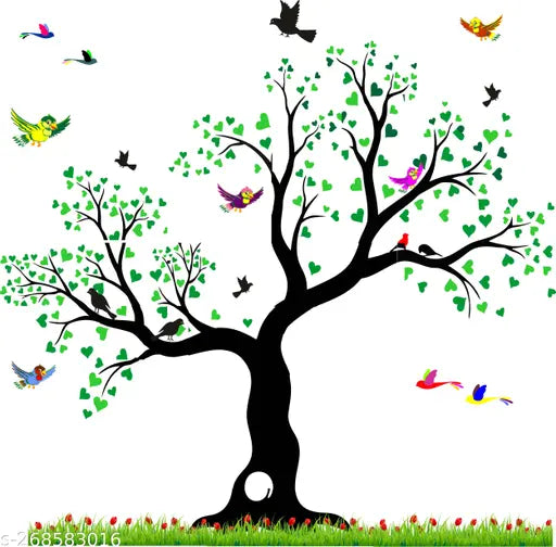 NATURE - BEAUTIFUL - GREEN LEAFS - BIG - TREE - FLYING - BIRDS WALL STICKER