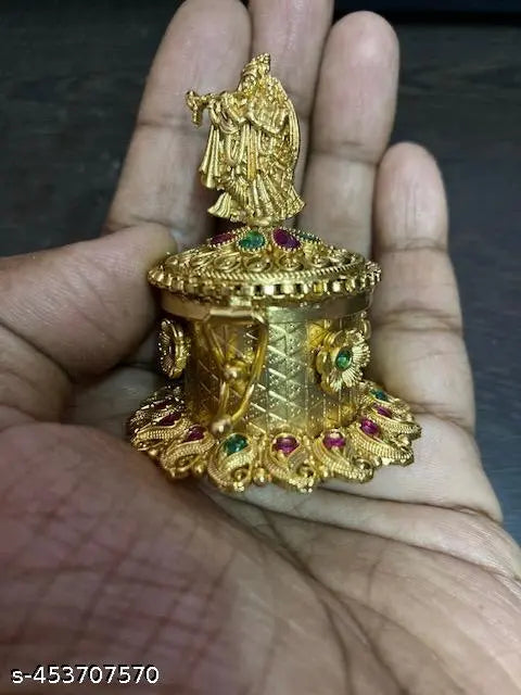 NSK- Radhakrishna Beautiful Handcrafted Gifting Sindoor Kumkum Dibbi, Handmade Traditional Haldi Sindoor Dibbi For Pooja, Antique finish, Round, Golden