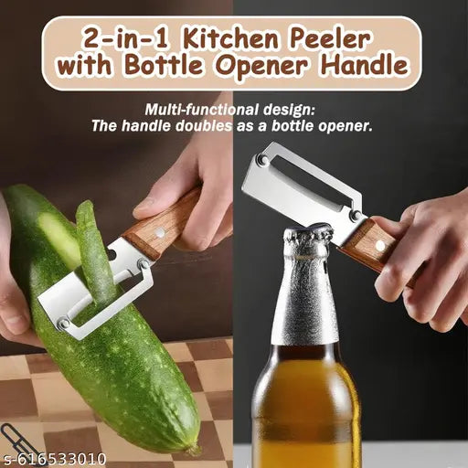 Premium Vegetable Peeler with Bottle Opener and Wooden Handle Stainless Steel Blade Kitchen Tool for Fruit Veggie Potato Carrot Apple